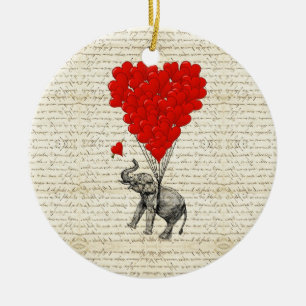 Romantic elephant & heart balloons ceramic tree decoration