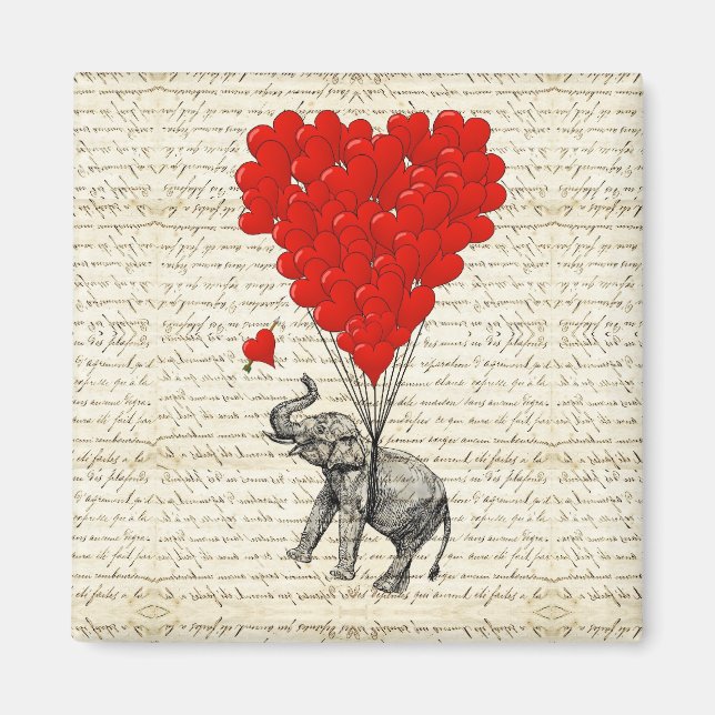 Romantic elephant & heart balloons magnet (Front)