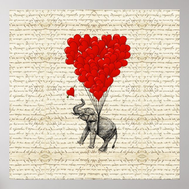 Romantic elephant & heart balloons poster (Front)
