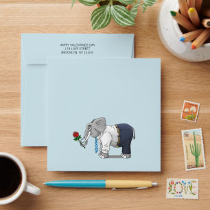 Romantic Elephant holds a Red Rose Envelope