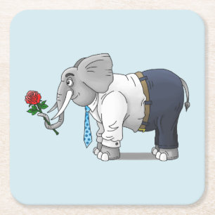 Romantic Elephant holds a Red Rose Square Paper Coaster