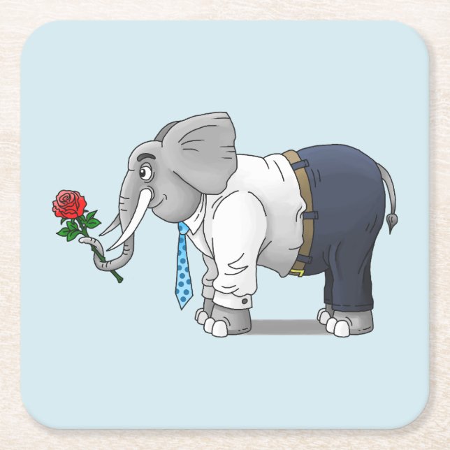 Romantic Elephant holds a Red Rose Square Paper Coaster (Front)