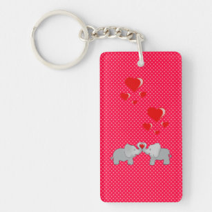 Romantic Elephants & Red Hearts On Polka Dots Key Ring