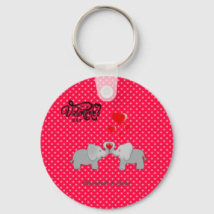 Romantic Elephants & Red Hearts On Polka Dots  Key Ring