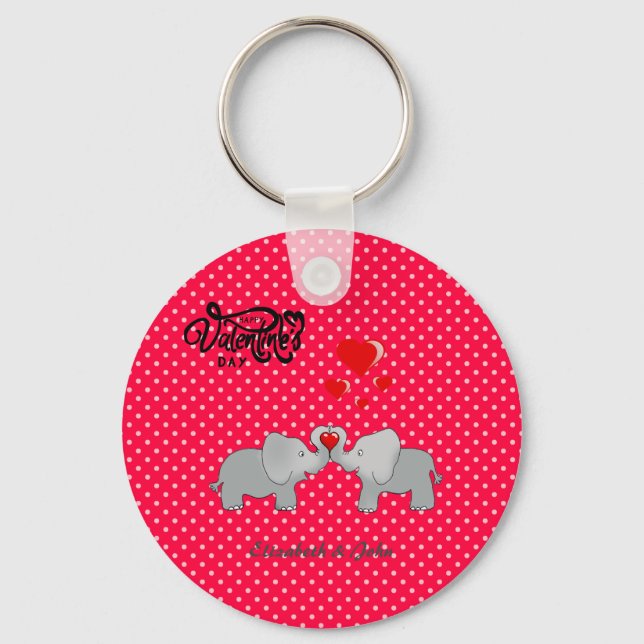 Romantic Elephants & Red Hearts On Polka Dots  Key Ring (Front)