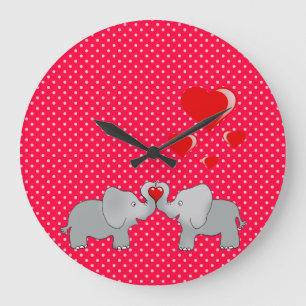 Romantic Elephants & Red Hearts On Polka Dots Large Clock