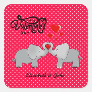 Romantic Elephants & Red Hearts On Polka Dots   Square Sticker