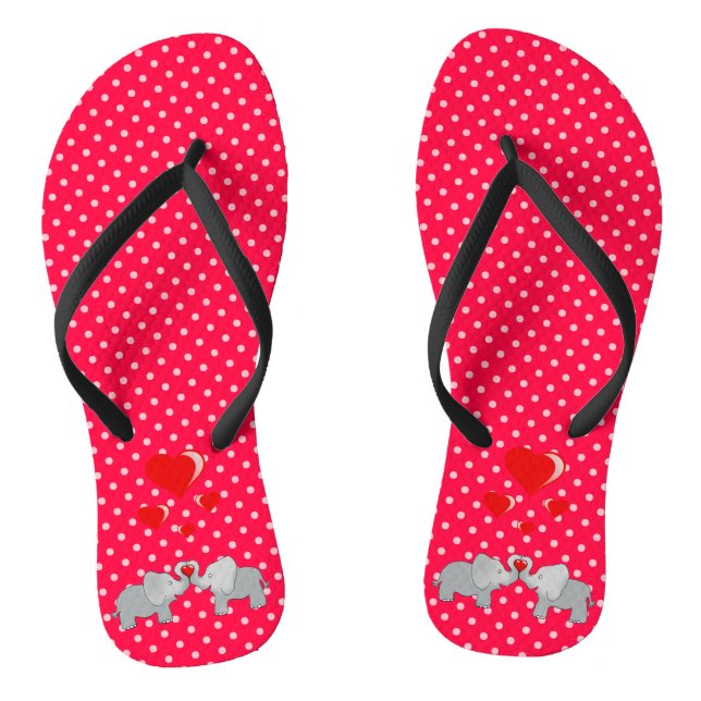 Romantic Elephants & Red Hearts On Polka Dots Thongs (Footbed)