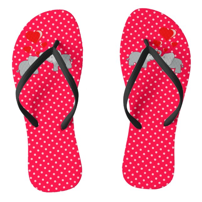 Romantic Elephants & Red Hearts On Polka Dots Thongs (Footbed)