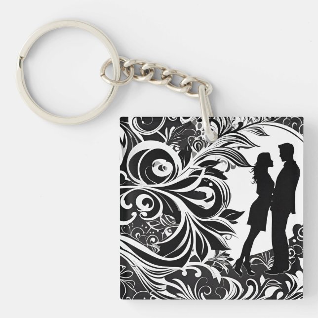 Romantic Embrace White & Black Floral Silhouette Key Ring (Front)