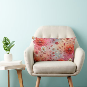 Romantic Embroidered Floral Lumbar Pillow