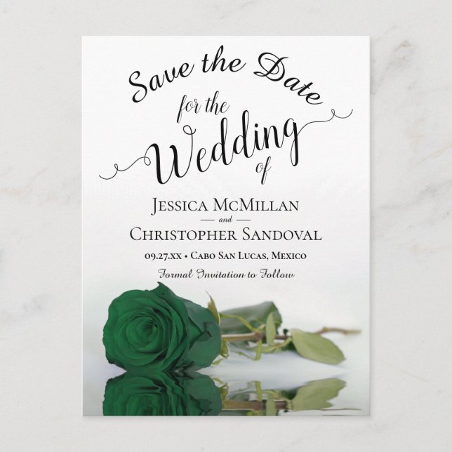 Romantic Emerald Green Rose Wedding Save the Date Announcement Postcard (Front)