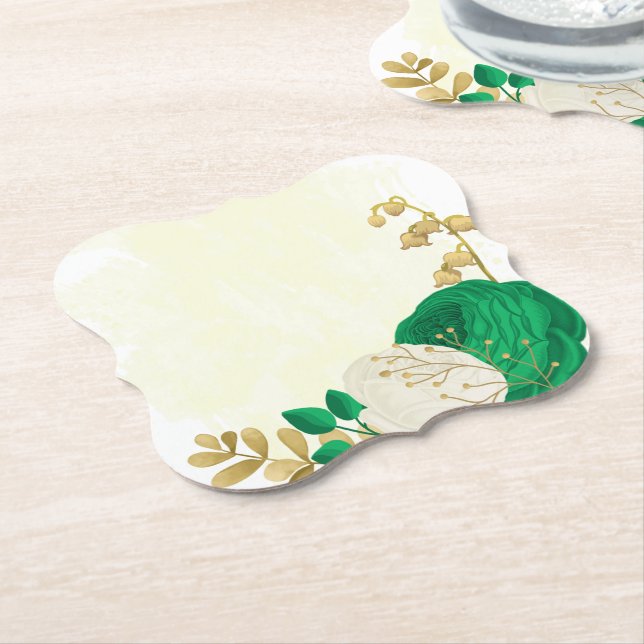 Romantic emerald green & white flowers gold paper coaster (Angled)