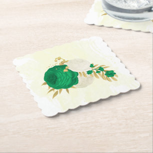 Romantic emerald green & white flowers gold paper coaster