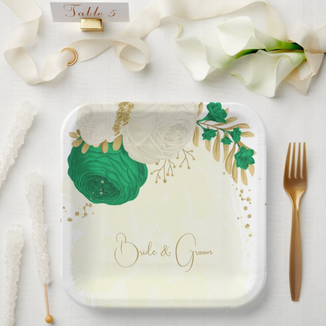 Romantic emerald green & white flowers gold paper plate (Wedding)