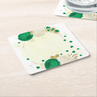 Romantic emerald green & white flowers gold square paper coaster