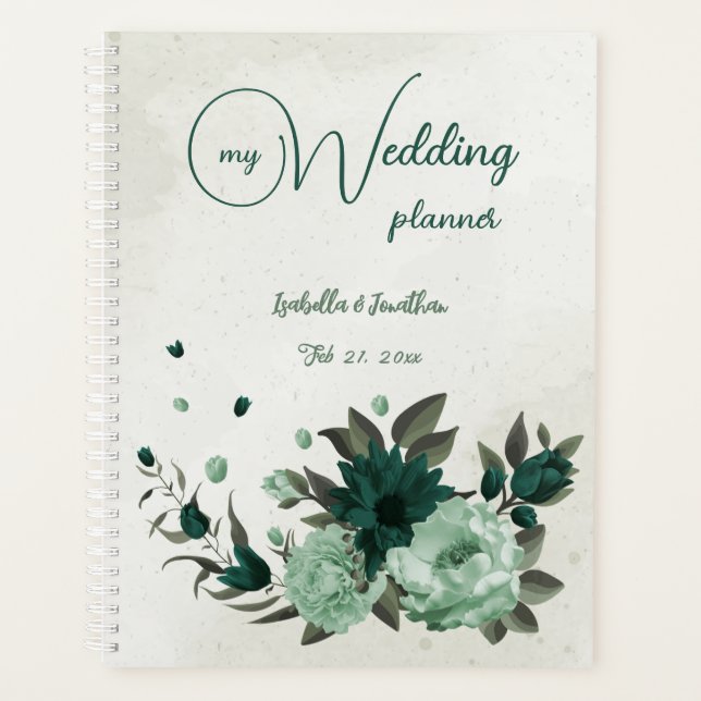 romantic emerald & soft green floral wedding planner (Front)