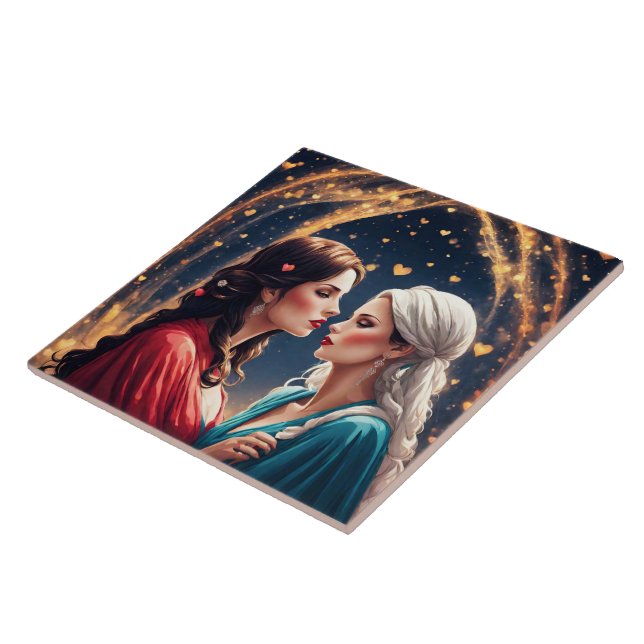 Romantic Encounter Between Two Elegant Women Ceramic Tile (Side)