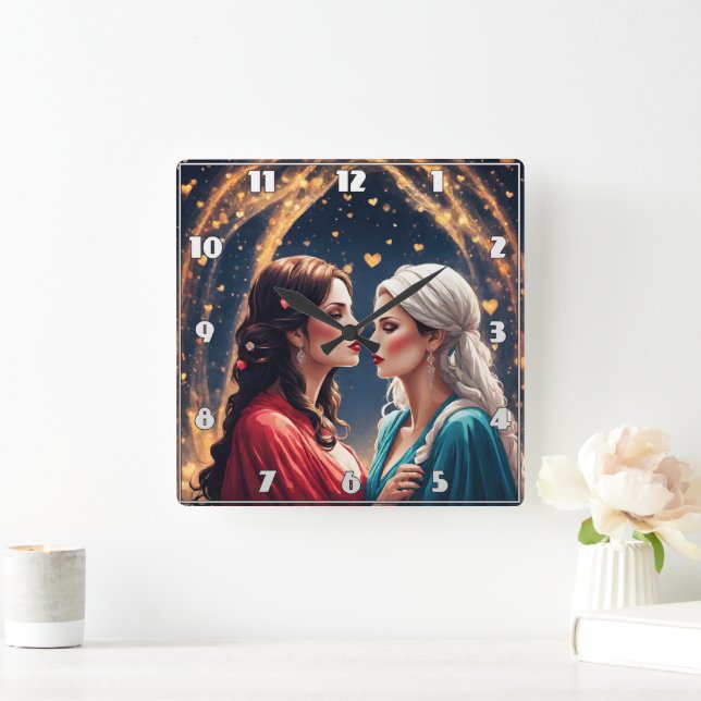 Romantic Encounter Between Two Elegant Women Square Wall Clock (Home)