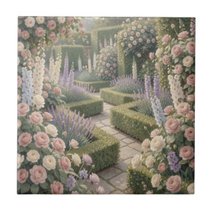 Romantic English Garden Pink Roses Lavender Stone Ceramic Tile