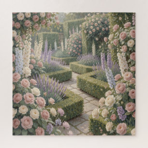 Romantic English Garden Pink Roses Lavender Stone Jigsaw Puzzle