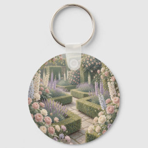 Romantic English Garden Pink Roses Lavender Stone Key Ring