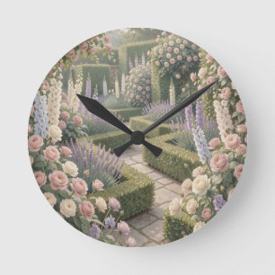 Romantic English Garden Pink Roses Lavender Stone Round Clock