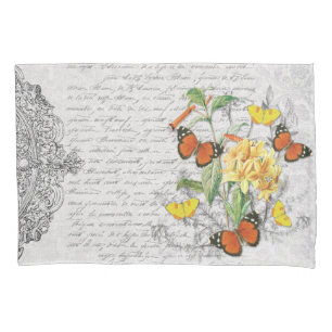 Romantic Ephemera Butterflies Floral French Script Pillowcase