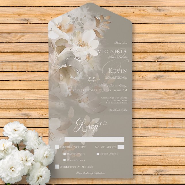 Romantic Ethereal Neutral Beige Floral Dinner All In One Invitation (Romantic Ethereal Neutral Beige Floral Dinner All In One Invitation)