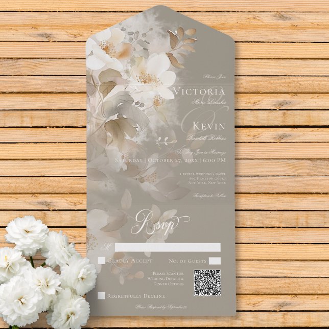 Romantic Ethereal Neutral Beige Floral QR Code All In One Invitation (Romantic Ethereal Neutral Beige Floral QR Code All In One Invitation)