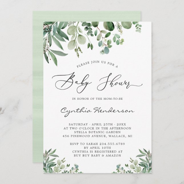 Romantic Eucalyptus Leaves Baby Shower Invitation (Front/Back)