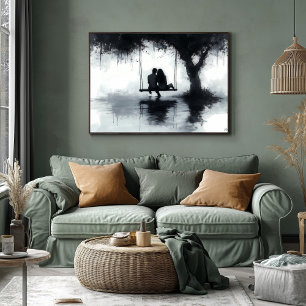 Romantic Evening Couple on a Swing Under the Tree Poster