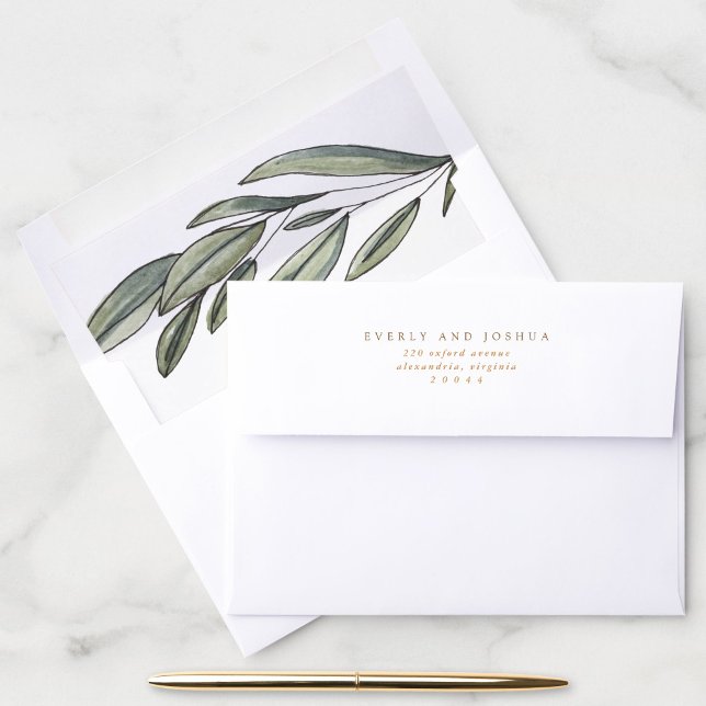 Romantic Evergreen Return Address Envelope (Romantic evergreen botanical stem lined elegant return address envelope.)