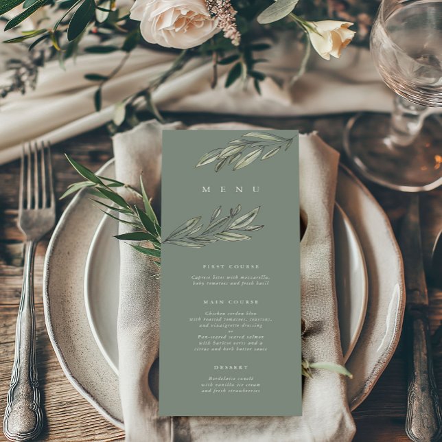 Romantic Evergreen Wedding Menu Card (Romantic Evergreen watercolor botanical wedding menu cards)