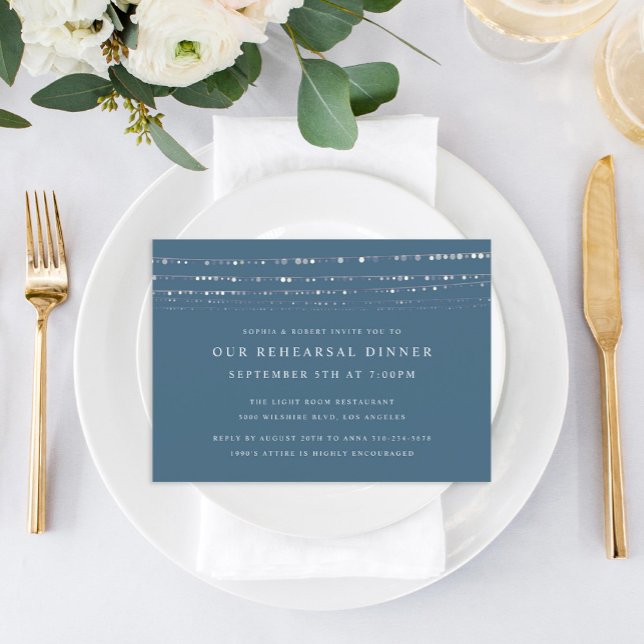 Romantic Fairy Lights Rehearsal Dinner Blue Invitation (Creator Uploaded)