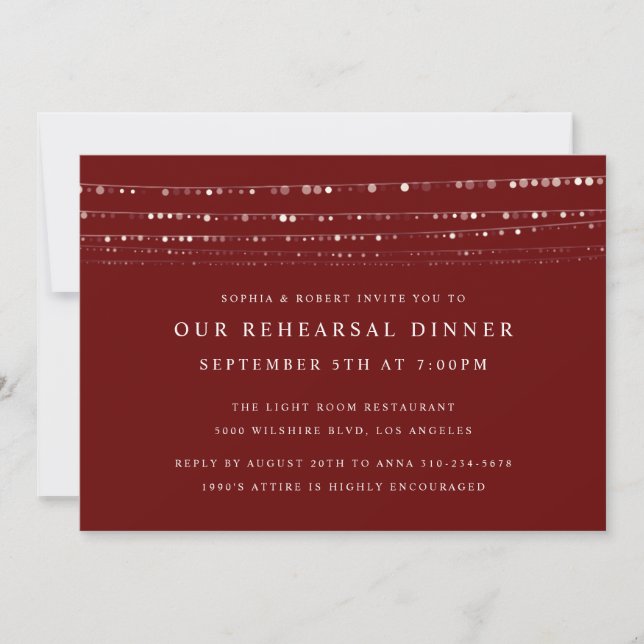 Romantic Fairy Lights Rehearsal Dinner Maroon Invitation (Front)
