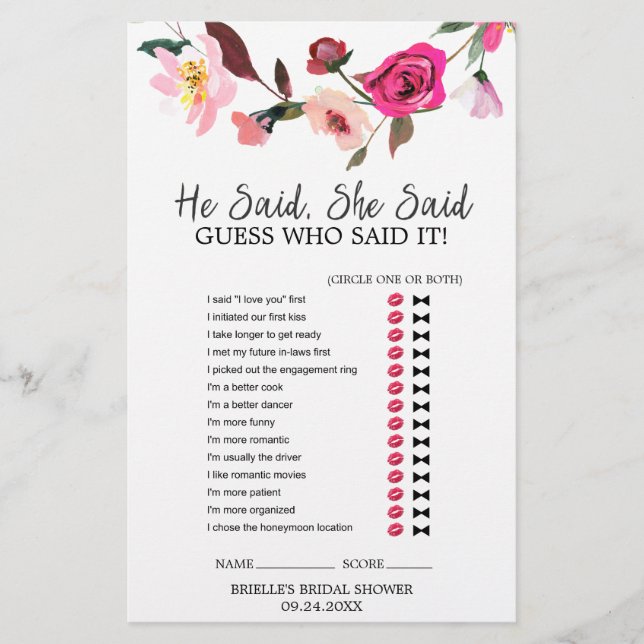 Romantic Fairytale Wreath "He Said She Said" Game (Front)