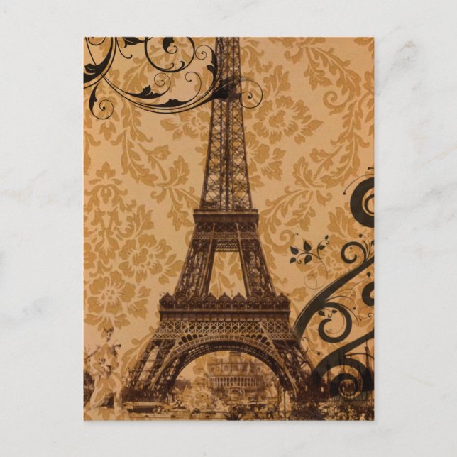 Romantic Fall Autumn damask Paris Eiffel Tower Postcard (Front)