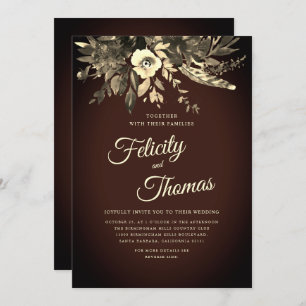 Romantic Fall Floral Aged Brown QR Code Wedding Invitation