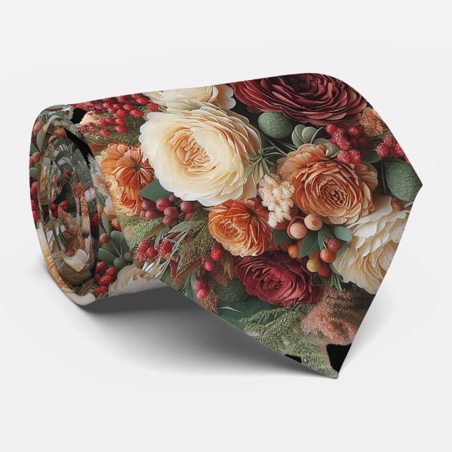 Romantic Fall Floral Grooms Wedding Tie (Rolled)