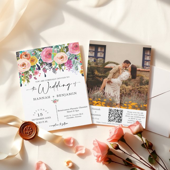 Romantic Fall Floral Wedding Arch Photo QR Code Invitation (Creator Uploaded)