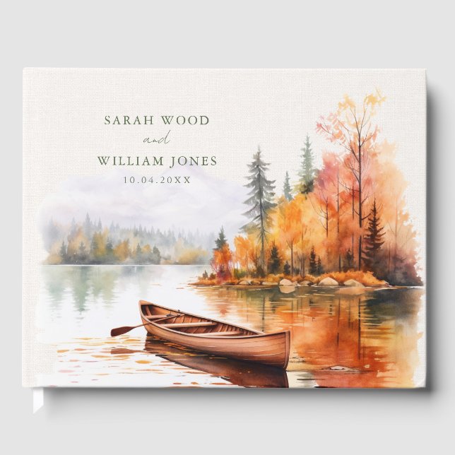 Romantic fall lake and boat Wedding Guest Book (Front)