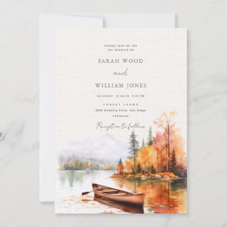 Romantic fall lake and boat Wedding Invitation