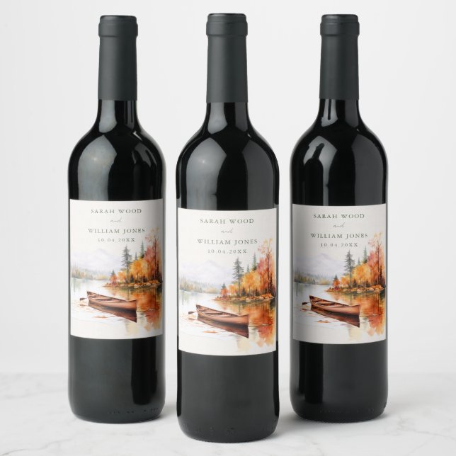 Romantic fall lake and boat Wedding  Wine Label (Bottles)