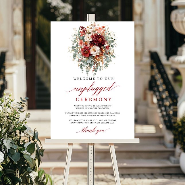 Romantic Fall Marsala Floral Unplugged Ceremony   Poster (Romantic Fall Marsala Floral Unplugged Ceremony Sign

)