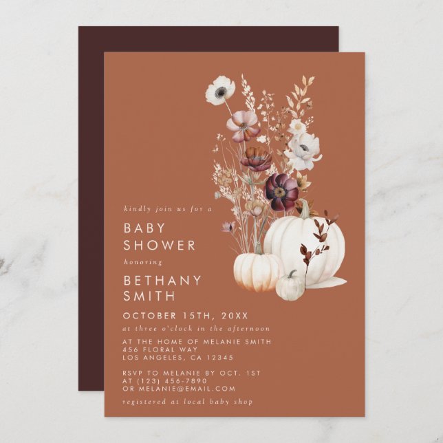 Romantic Fall Terracotta Wildflower Baby Shower Invitation (Front/Back)