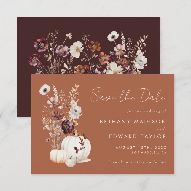 Romantic Fall Terracotta Wildflower Wedding Save The Date (Front/Back)