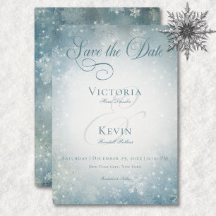 Romantic Falling Snow Blue & White Sparkle Save The Date