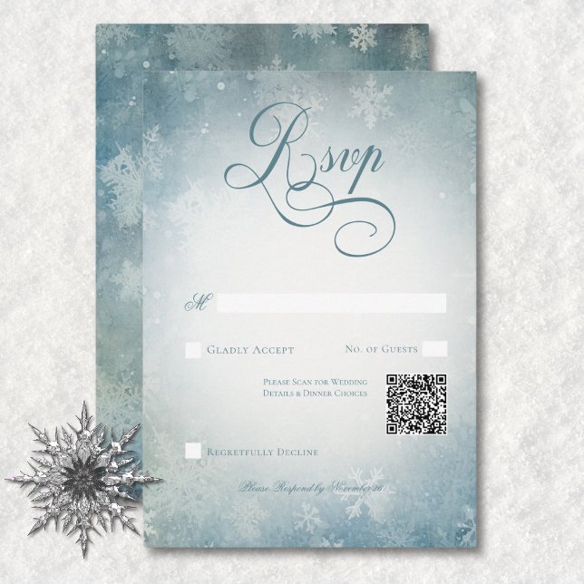 Romantic Falling Snow Blue & White Wedding QR Code RSVP Card (Romantic Falling Snow Blue White Wedding No Dinner RSVP Card)