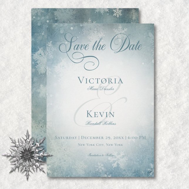 Romantic Falling Snow Blue & White Wedding Save The Date (Romantic Falling Snow Blue & White Wedding Save The Date)